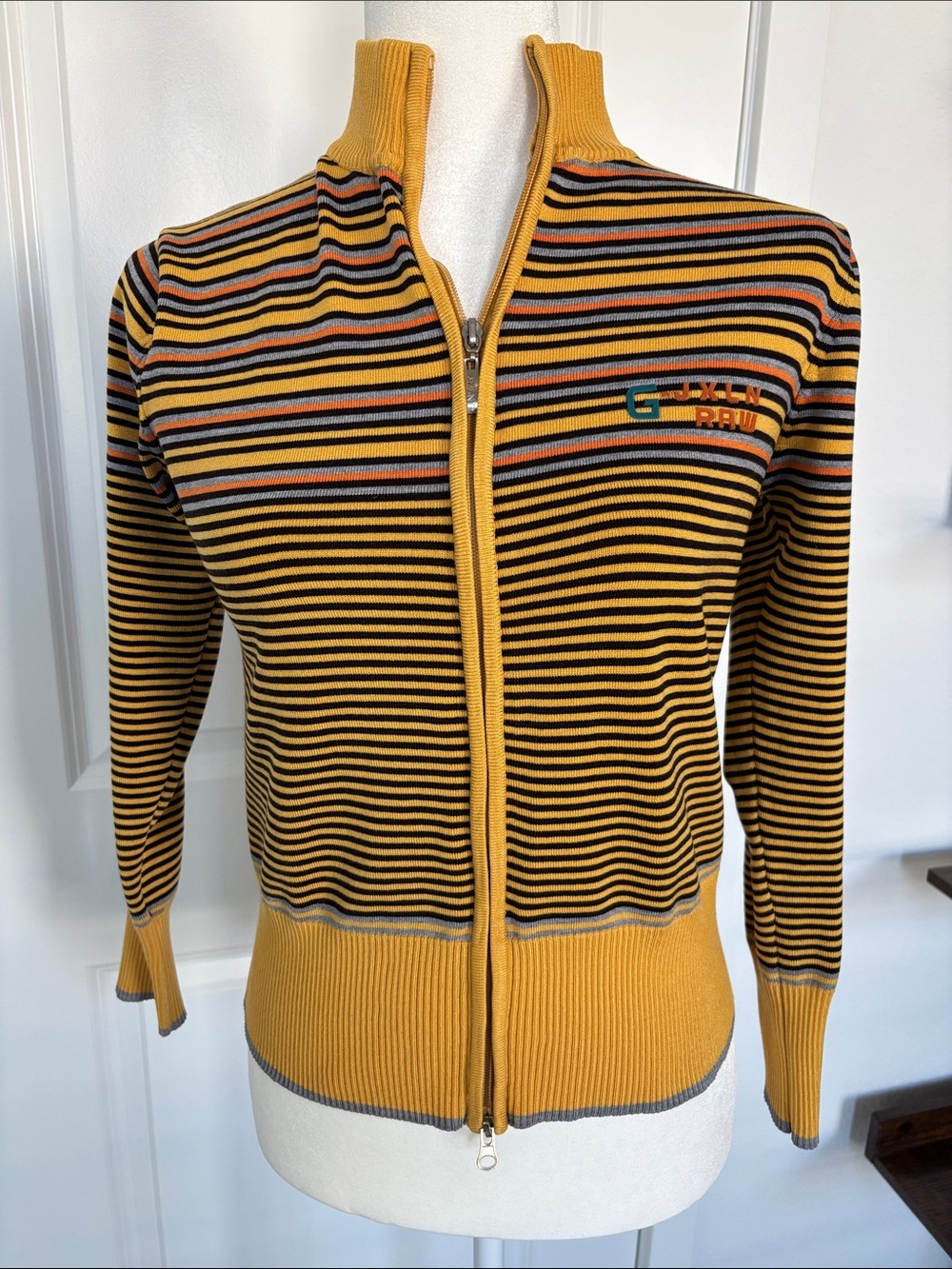 G-JXLN RAW Vintage Multicolor Striped Full-Zip Track Jacket Knot Sweater Mustard